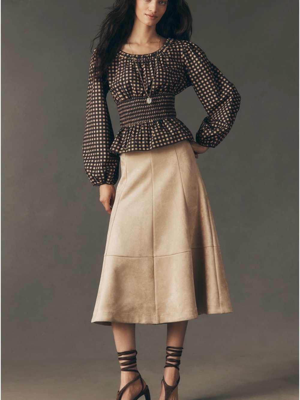 Anthropologie Smocked Waist Black and Tan Check Peplum Blouse - Women Tops - Picture 2 of 7